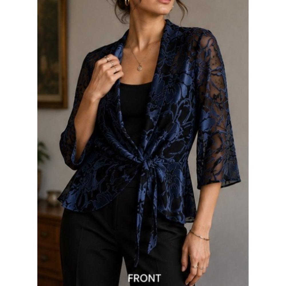 Vintage Alex Evenings Burnout Floral Tie Front Blouse Sheer Y2K Goth Top L